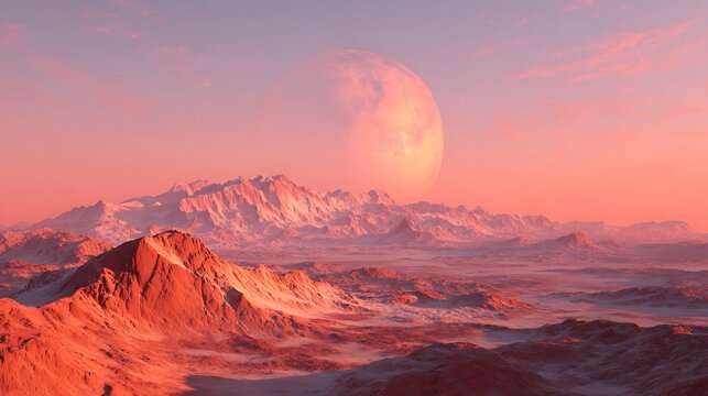 A vast alien landscape with red mountains and a giant glowing moon in the pink sky. Perfect for science fiction concepts and space exploration imagery.