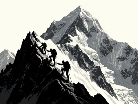 Team of climbers ascend steep rocky mountain with snow peaks. People use rope for safety on dangerous cliff face during expedition. Extreme sport activity on summit.