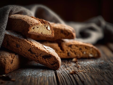 freshly baked biscotti on wooden table