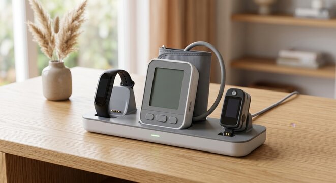 Home health monitoring devices charging dock with blood pressure monitor and wearable sensors on wooden table