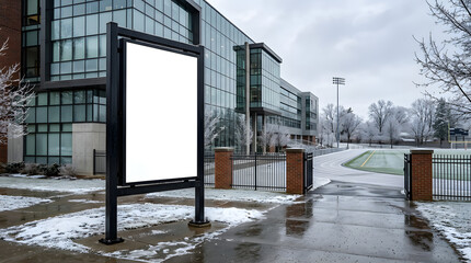Naklejka premium Blank vertical billboard mockup on a snowy campus outside a modern glass building