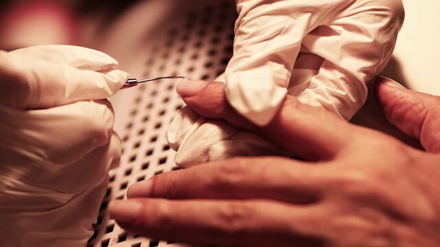 Manicurist filing customer nails in beauty salon