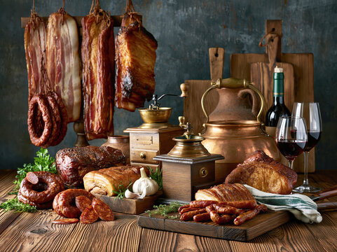 Rustic Smoked Meat and Sausage Still Life &ndash; AI Generative