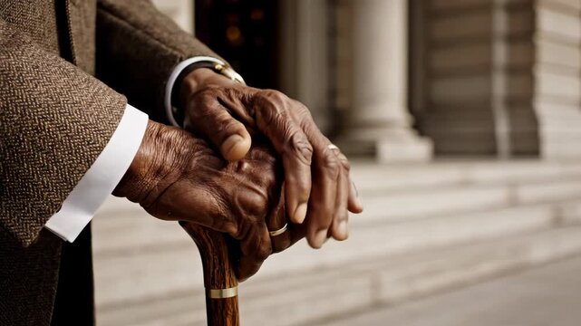 Close-up of wrinkled dark-skinned hands of senior person gripping polished wooden walking cane with brass band details, wearing tweed suit jacket and white shirt cuff, architectural building in backgr
