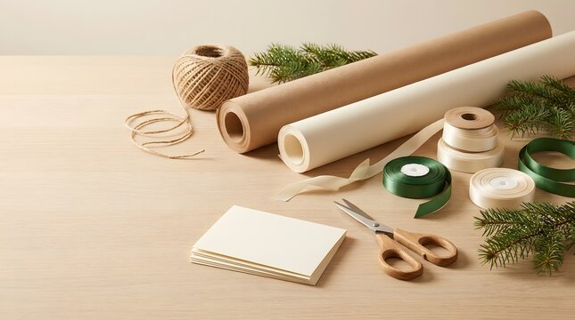 Holiday Gift Wrapping Materials on Wooden Table with Evergreen Branches