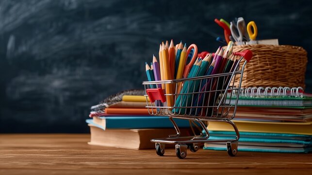 Miniature Shopping Cart Filled with Colorful Pencils Beside Stacked School Books