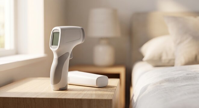Contactless infrared thermometer on bedside table in modern minimalist bedroom setting for health monitoring
