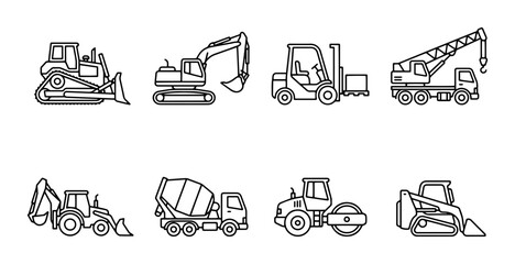 8 construction vehicles linear icon set bulldozer excavator forklift crane backhoe cement mixer roller skid steer, UI and web interface design © Bundleprohub