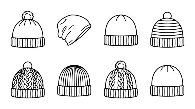 8 Winter Hats linear icon set beanies caps, UI and web interface design