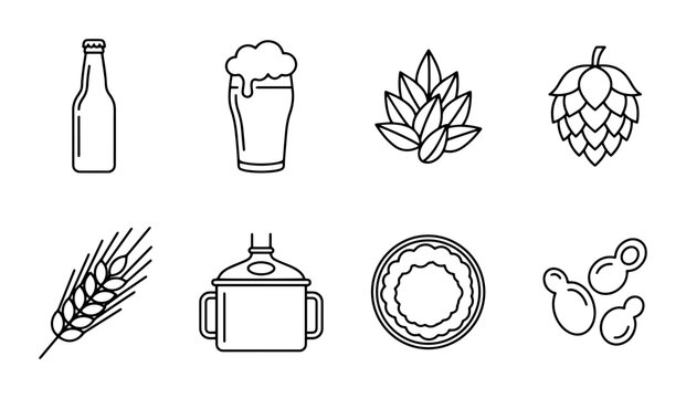 Beer ingredients linear icon set bottle, glass, malt, hop, wheat, yeast, UI and web interface design