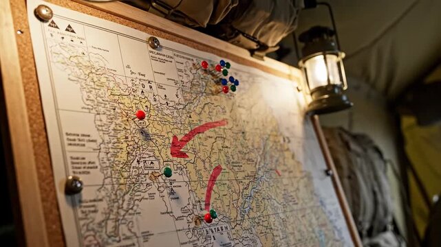 Hand of person marking map with red pen, indicating strategic route or plan during military operation, pins marking locations, under soft light of lantern in tactical environment