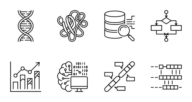 Science and Data linear icon set DNA, brain, database, chart, flowchart, algorithm, genetics, machine learning, UI and web interface design