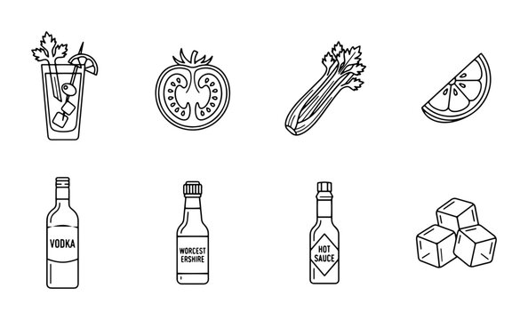 8 Cocktail ingredients linear icon set tomato celery orange vodka ice cubes, UI and web interface design