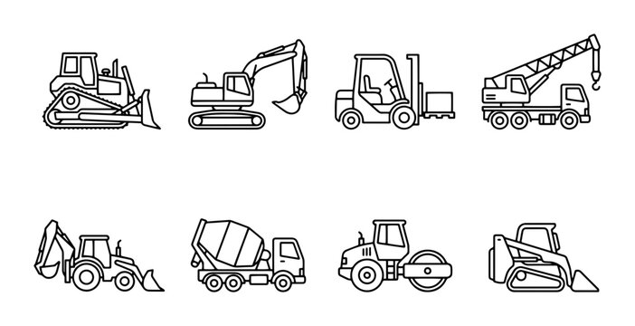 8 construction vehicles linear icon set bulldozer excavator forklift crane backhoe cement mixer roller skid steer, UI and web interface design