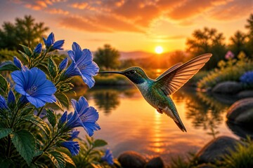 Naklejka premium Hummingbird feeding from blue flowers near lake at sunset
