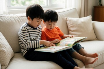 Fototapeta premium Two young Asian boys cozy up on sofa, engrossed in reading picture book together. One points to illustrations as they share storytime at home. Siblings bond over literature, fostering early learning.