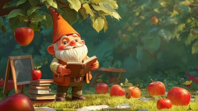 Whimsical garden gnome reading under an apple tree beside books and a chalkboard