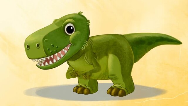 A cute animated green T-Rex dinosaur smiles, opens its mouth to reveal sharp teeth, and moves playfully against a textured yellow background.