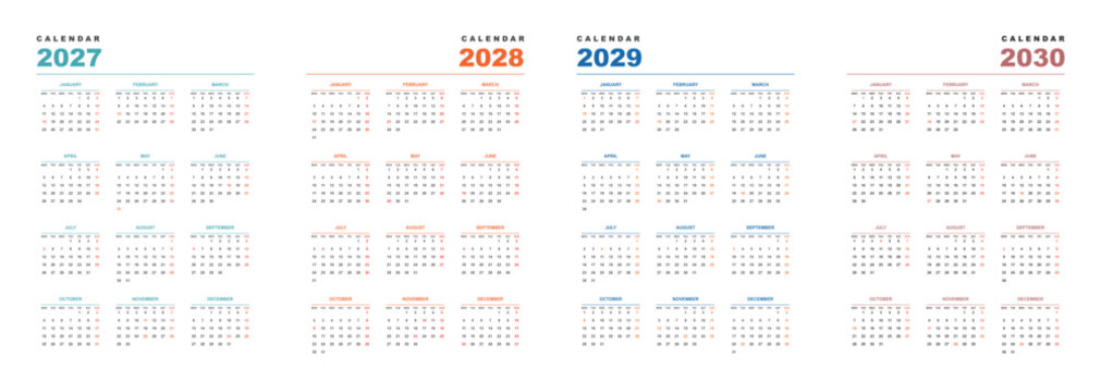 Minimalist four year wall calendar layout featuring annual planning grids from 2027 to 2030 with sunday weekend highlighted for professional office scheduling