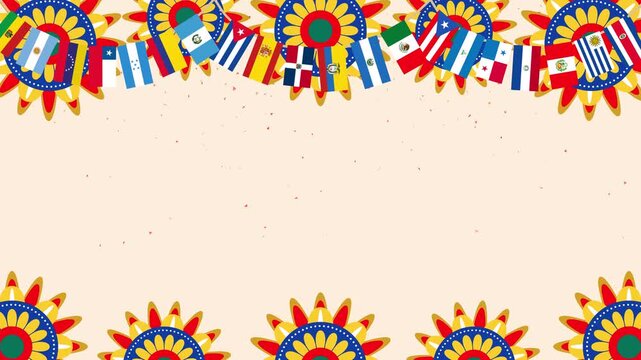 Colorful Latin American flags and festive decorative elements create a vibrant motion background with copy space in the center.
