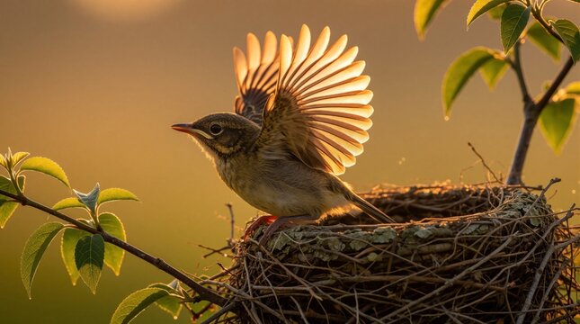 Young baby bird stands in nest with spread wings during golden morning light. Small fledgling prepares for first flight from home branch. Beautiful wildlife scene shows avian life in nature forest at