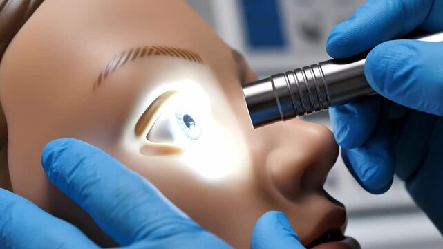Medical professional performs eye examination on simulated patient head during medical training close-up. Focus on gloved hands and bright light on blue eye pupil for ophthalmology study.