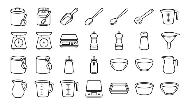 Kitchen measuring and cooking utensils vector icon set with salt shaker pepper mill jar with lid spice jar sugar dispense