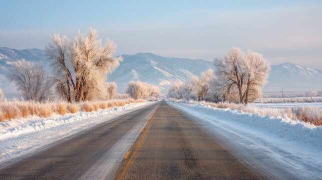 Winter Road Covered with Snow and Frosty Trees