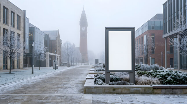 Blank vertical billboard mockup on a snowy city street during winter