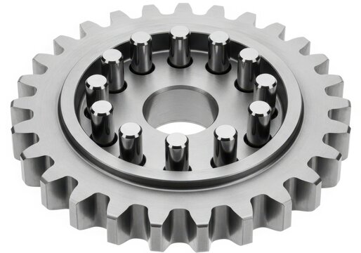 Close-up of a mechanical gear with bolts isolated on white background