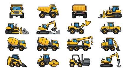 Naklejka premium Collection of yellow construction vehicle icons.
