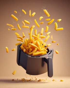 Crispy French Fries in Air Fryer Basket with Hand &ndash; AI Generative