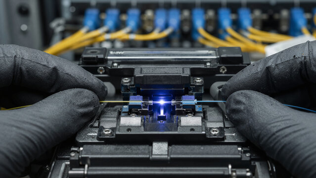 A technician is focused on fiber optic splicing equipment in a telecom facility. The workspace is filled with tools and cables. The technician wears gloves and carefully handles the fiber