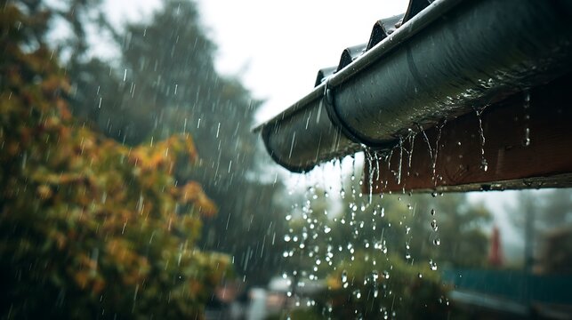 Heavy rain pours from a dark roof gutter in a gloomy garden. Use this atmospheric shot to depict stormy weather or autumn seasonal change.