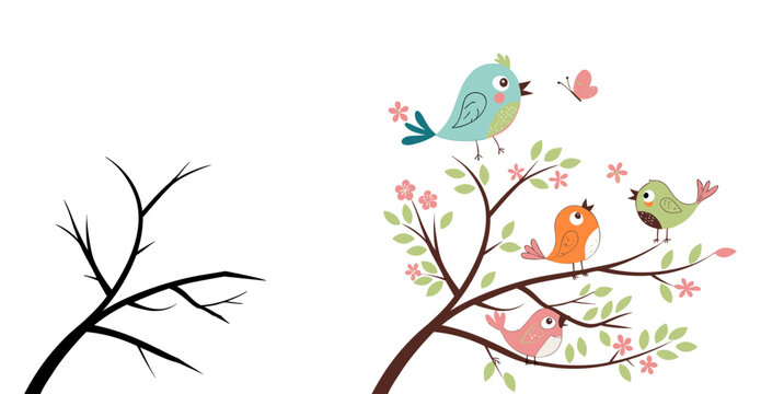 Cute blue bird perched on blooming cherry blossom branch