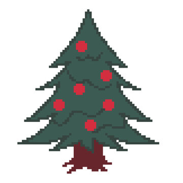 Christmas tree pixel art with red ball ornaments festive