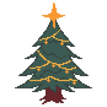 Christmas tree pixel art with star and gold lights