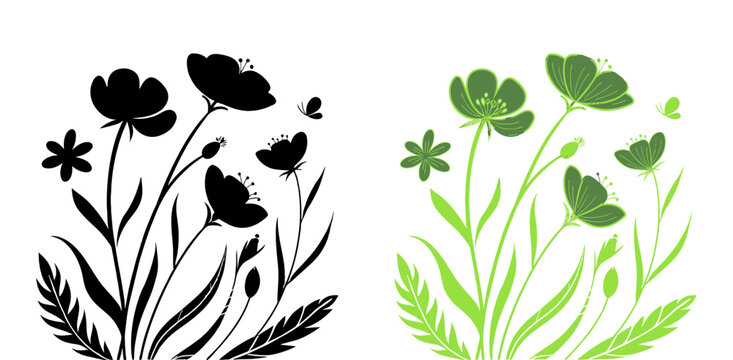 Hand-drawn black and green leafy plant isolated