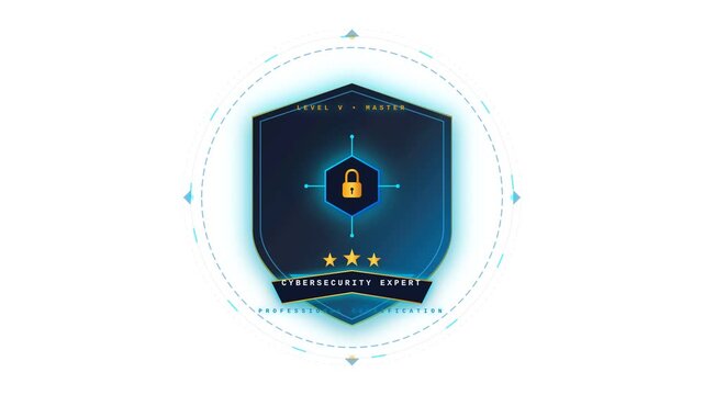 Cybersecurity Expert Digital Shield Badge with Glowing Lock Symbol and Level Five Master Graphic