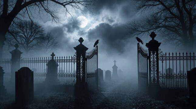 Eerie graveyard scene under full moon at night. Foggy cemetery with old stone tombs, iron gates, dark trees. Black crows sit on fence. Spooky atmosphere in misty woods with moonlight through clouds,