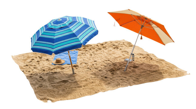 Two beach umbrellas stand on sand isolated on a transparent background