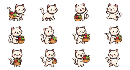 Obraz premium Cute white kittens carrying baskets of red apples.