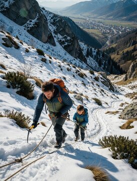 Father teaches son ice climbing on snowy mountain slope with rope. Man and boy use ice axe for ascent, bond during winter adventure trip. Family climbs together, reaching summit goal.