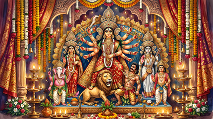 Fototapeta premium Intricate Durga Puja pandal featuring Goddess Durga and deities.