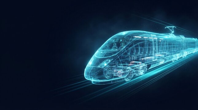High speed motion digital bullet train with glowing lines modern transport future travel transportation technology wireframe illustration transport abstract