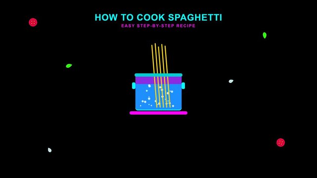 Colorful step-by-step spaghetti cooking animation showing preparation, boiling, and cooking stages. Ideal for food, recipe, restaurant, and culinary content.