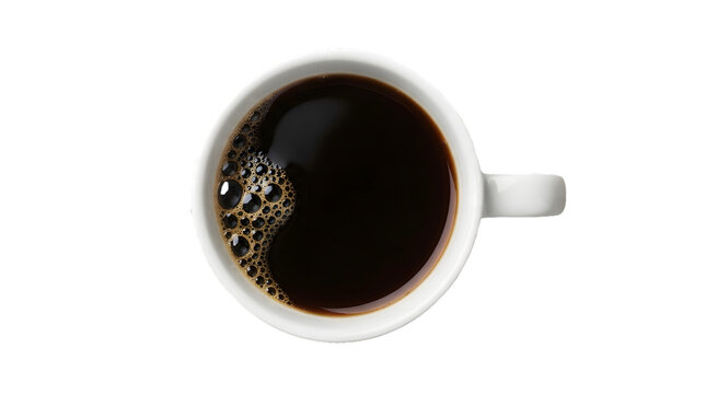 Top down shot of black filter coffee in a white mug on transparent background