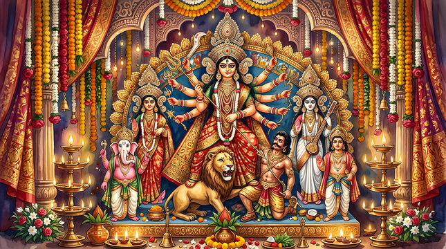 Intricate Durga Puja pandal featuring Goddess Durga and deities.