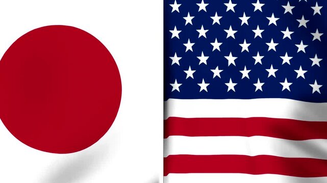 Waving flags of Japan and the United States of America side by side representing international cooperation and diplomatic relations