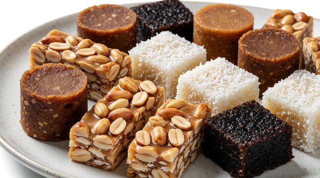 Assortment of traditional Brazilian sweets, including peanut bars, coconut squares, and doce de leite rolls, served on a rustic plate. Diverse sweets offer a taste of Brazilian cuisine.